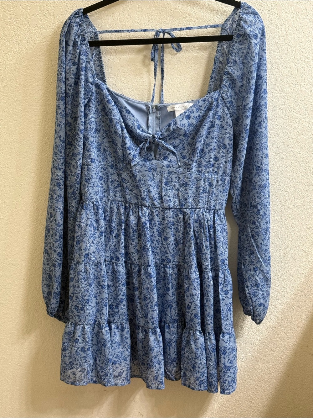 Altar'd State Light Blue Floral Short Tiered Long-Sleeve Dress